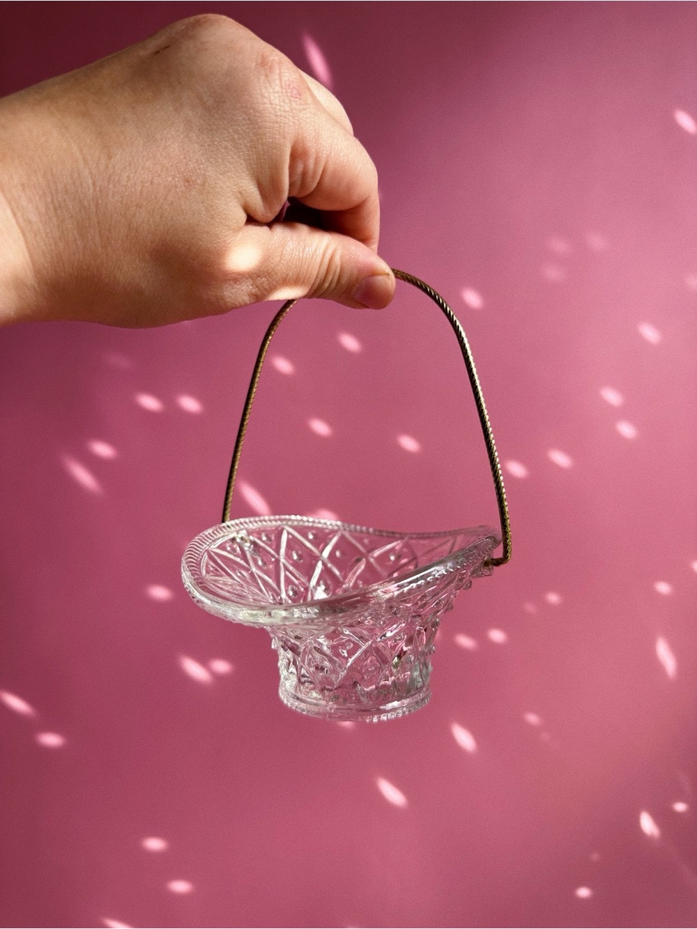 Vintage Avon Clear Glass Hanging Basket with Gold Handle - Elegant Home Dish